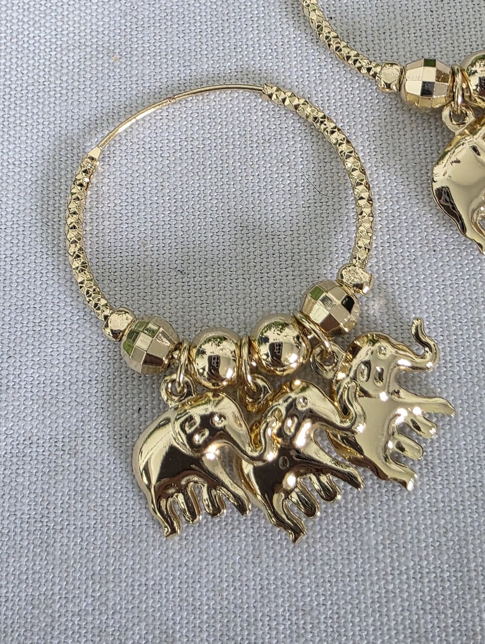 Boho Diamond Cut Gold Filled Hoop Earrings with Dangle Elephant Charms - Picture 3 of 8